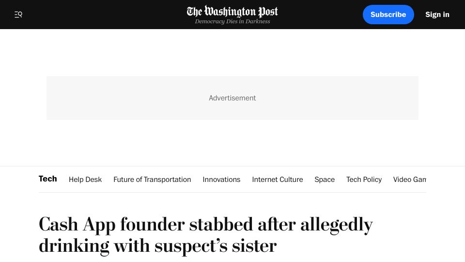 Screenshot of washingtonpost.com: Cash App founder stabbed after allegedly drinking with suspect's sister