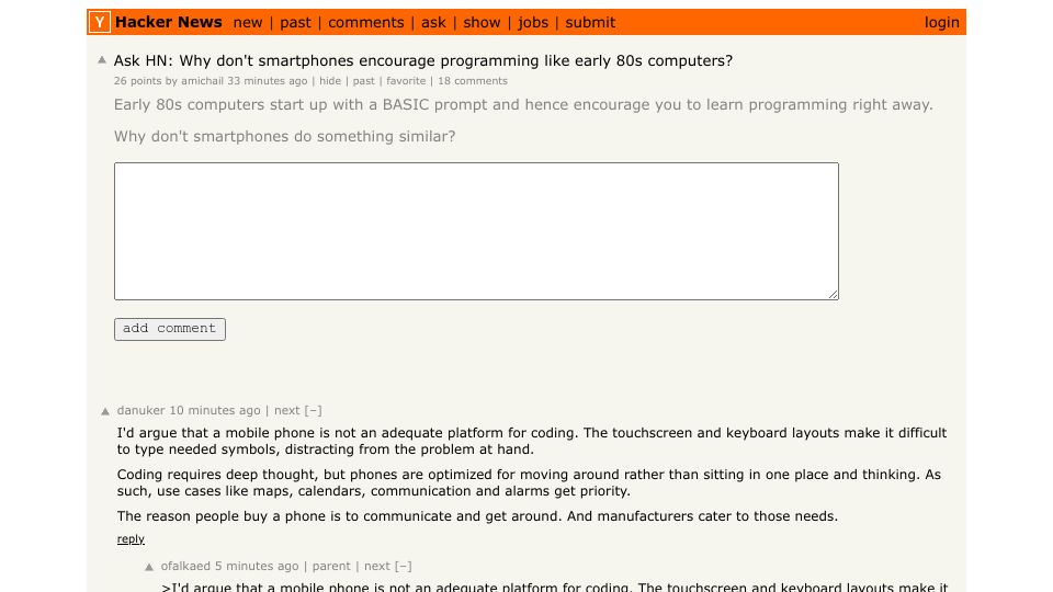 Screenshot of Hacker News post: Ask HN: Why don't smartphones encourage programming like early 80s computers?