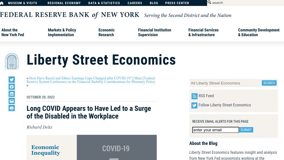 Screenshot of libertystreeteconomics.newyorkfed.org: Long Covid Appears to Have Led to a Surge of Disabled in the Workplace (2022)