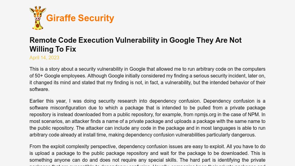 Screenshot of giraffesecurity.dev: Remote code execution vulnerability in Google they are not willing to fix