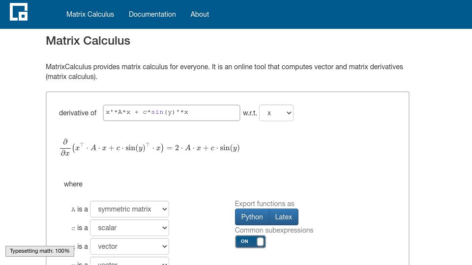 Screenshot of matrixcalculus.org: Matrix Calculus: Calculate derivatives of matrices