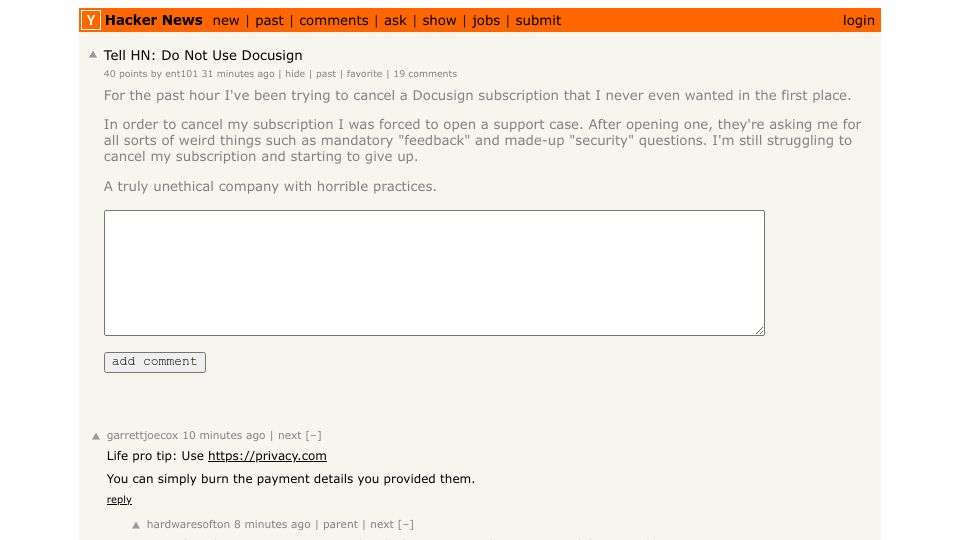 Screenshot of Hacker News post: Tell HN: Do Not Use Docusign