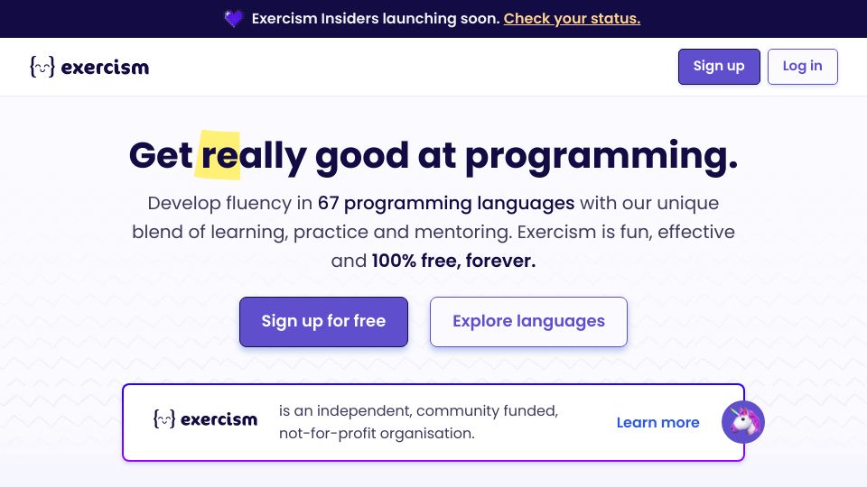Screenshot of exercism.org: Exercism – learn programming languages for free