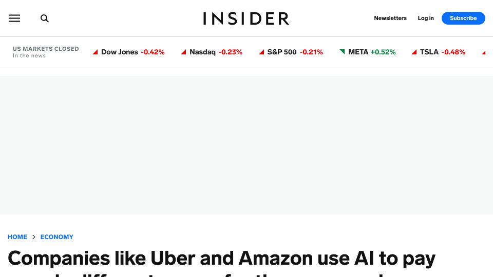 Screenshot of businessinsider.com: Uber, Amazon use AI to pay people different wages for same work: Study