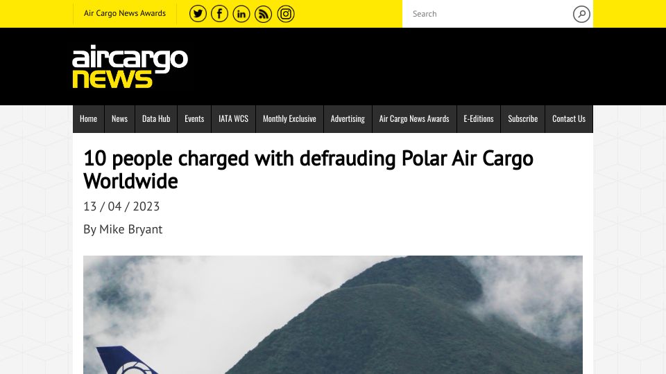 Screenshot of aircargonews.net: DOJ charges 10 with fraud in global air freight kickback scheme