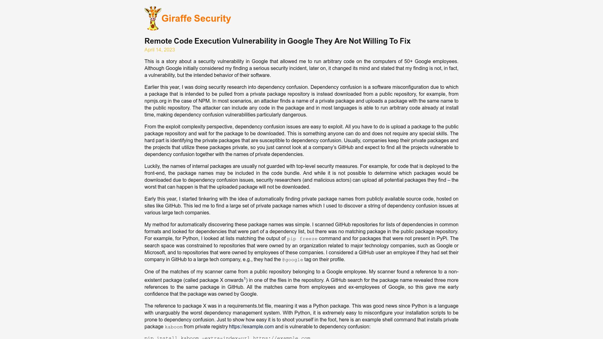 Screenshot of giraffesecurity.dev: Remote code execution vulnerability in Google they are not willing to fix