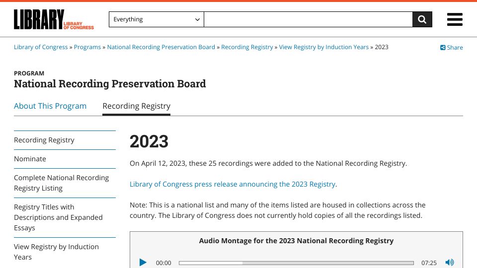 Screenshot of loc.gov: Super Mario Bros. theme part of the 2023 Library of Congress registry
