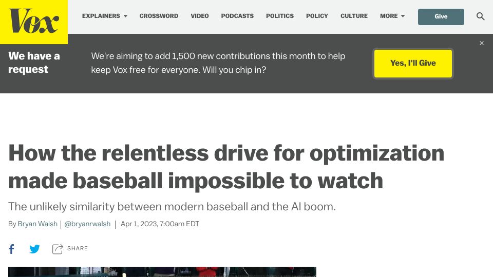Screenshot of vox.com: How the relentless drive for optimization made baseball impossible to watch