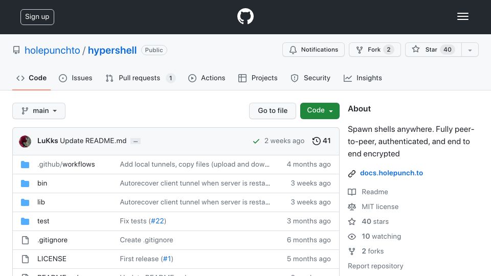 Screenshot of github.com: HyperShell: Spawn shells anywhere. Fully peer-to-peer