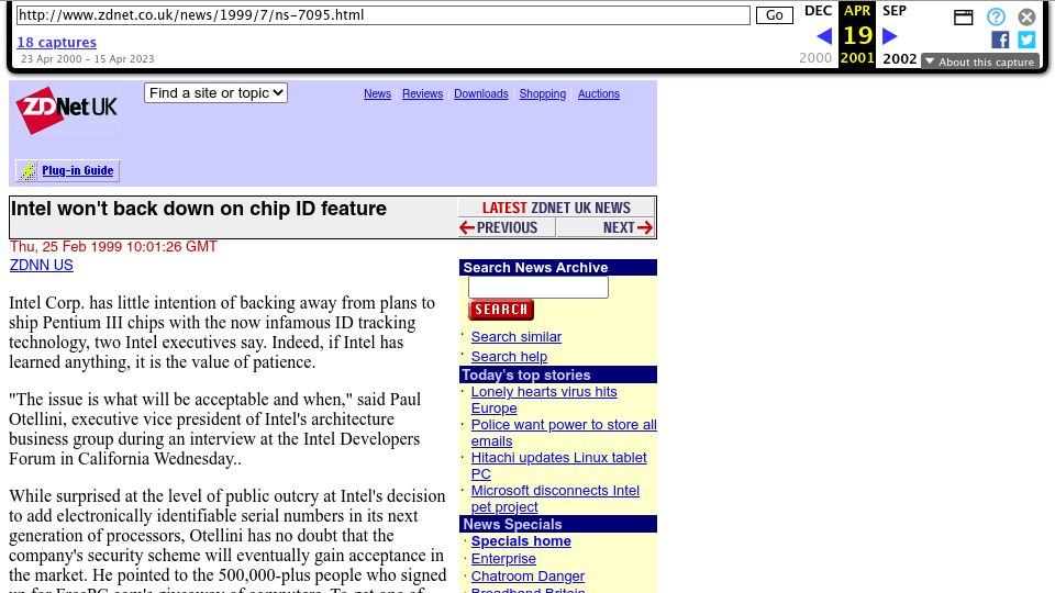 Screenshot of zdnet.com: Intel won't back down on chip ID feature (1999)