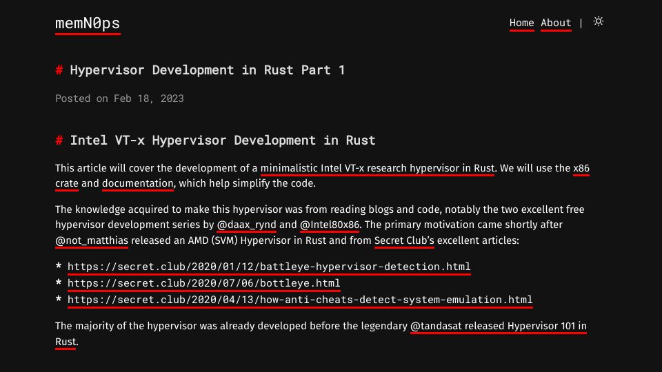 Screenshot of memn0ps.github.io: Hypervisor Development in Rust