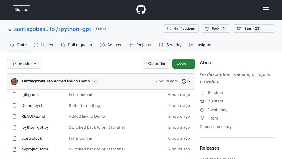Screenshot of github.com: Show HN: IPython-GPT, a Jupyter/IPython Interface to Chat GPT