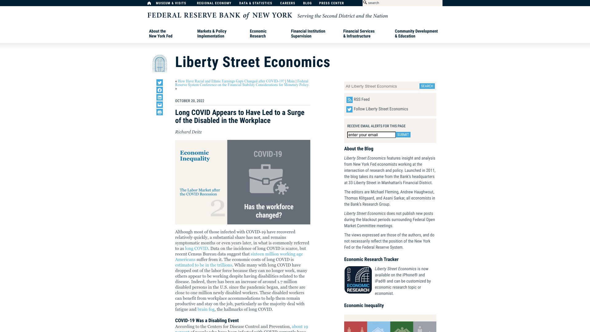 Screenshot of libertystreeteconomics.newyorkfed.org: Long Covid Appears to Have Led to a Surge of Disabled in the Workplace (2022)