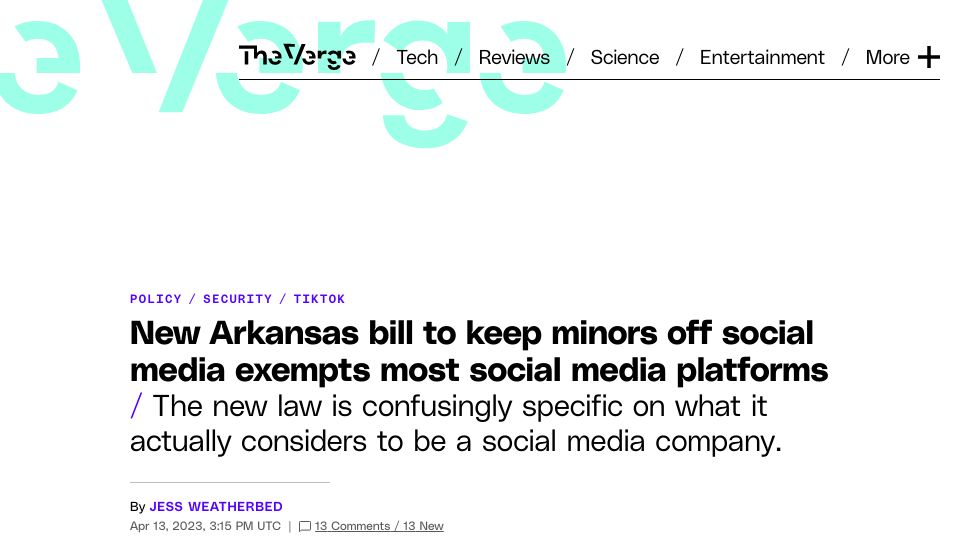 Screenshot of theverge.com: New Arkansas bill to keep minors off social media exempts most social platforms