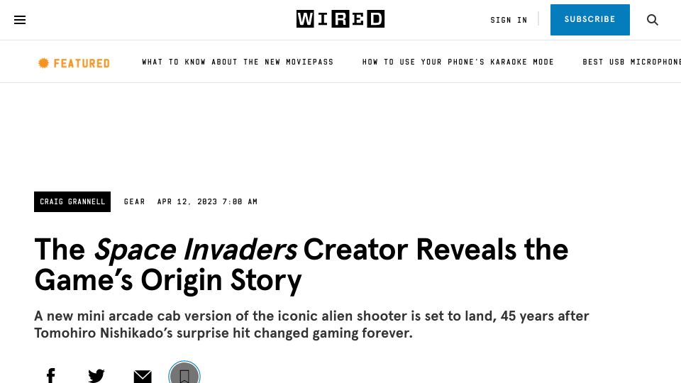 Screenshot of wired.com: Space Invaders creator reveals game’s origin story