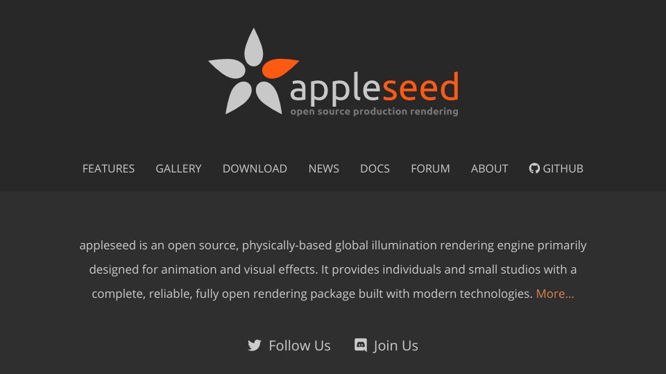 Screenshot of appleseedhq.net: Appleseed – open-source, physically-based global illumination rendering engine