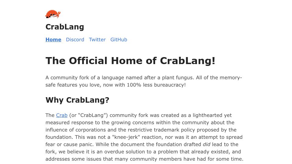 Screenshot of crablang.org: CrabLang