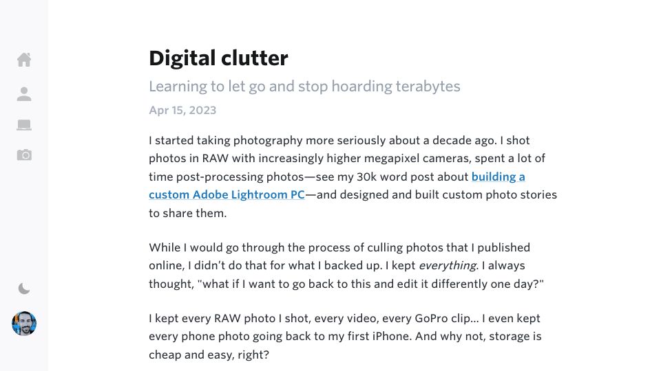 Screenshot of paulstamatiou.com: Digital clutter: Learning to let go and stop hoarding terabytes