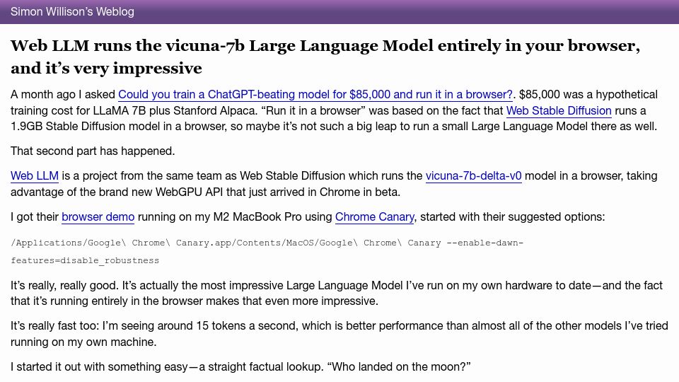 Screenshot of simonwillison.net: Web LLM runs the vicuna-7B LLM in the browser and it’s impressive