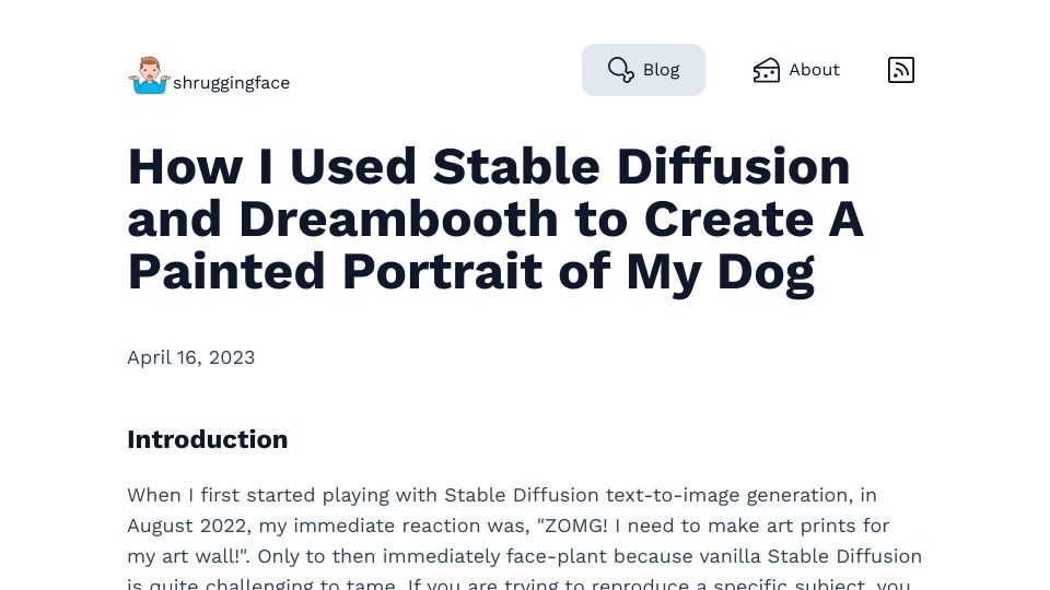 Screenshot of shruggingface.com: I used Stable Diffusion and Dreambooth to create an art portrait of my dog