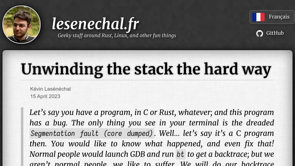 Screenshot of lesenechal.fr: Unwinding the Stack the Hard Way