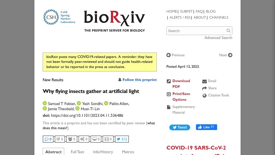 Screenshot of biorxiv.org: Why flying insects gather at artificial light