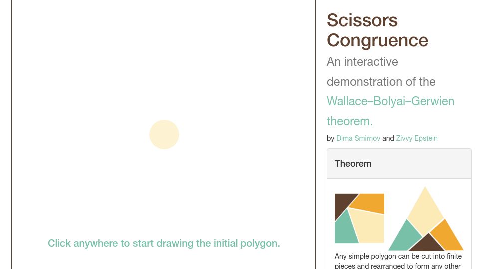 Screenshot of dmsm.github.io: Scissors Congruence: An interactive demo of the Wallace–Bolyai–Gerwien theorem