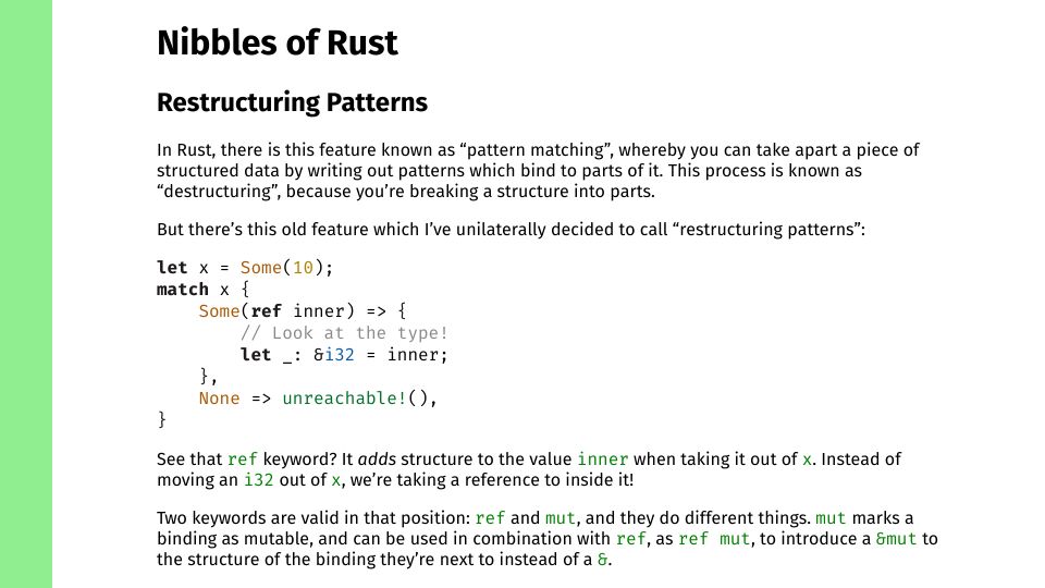 Screenshot of catmonad.xyz: Nibbles of Rust – Restructuring Patterns
