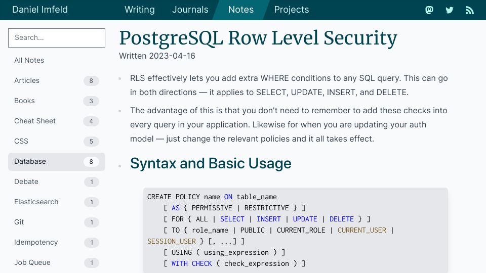 Screenshot of imfeld.dev: PostgreSQL Row Level Security