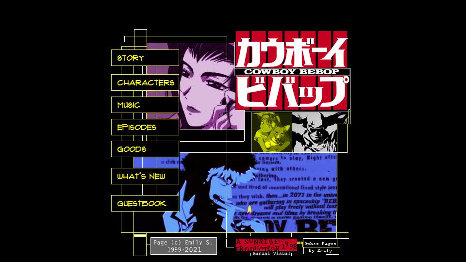 Screenshot of futureblues.com: Future Blues – Emily's Cowboy Bebop Page (1999)