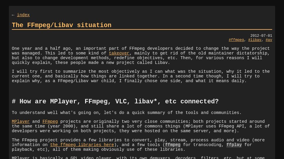 Screenshot of blog.pkh.me: The FFmpeg/Libav situation (2012)