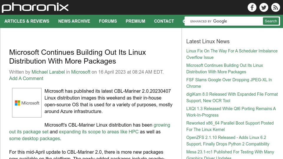 Screenshot of phoronix.com: FSF Slams Google over Dropping JPEG-XL in Chrome