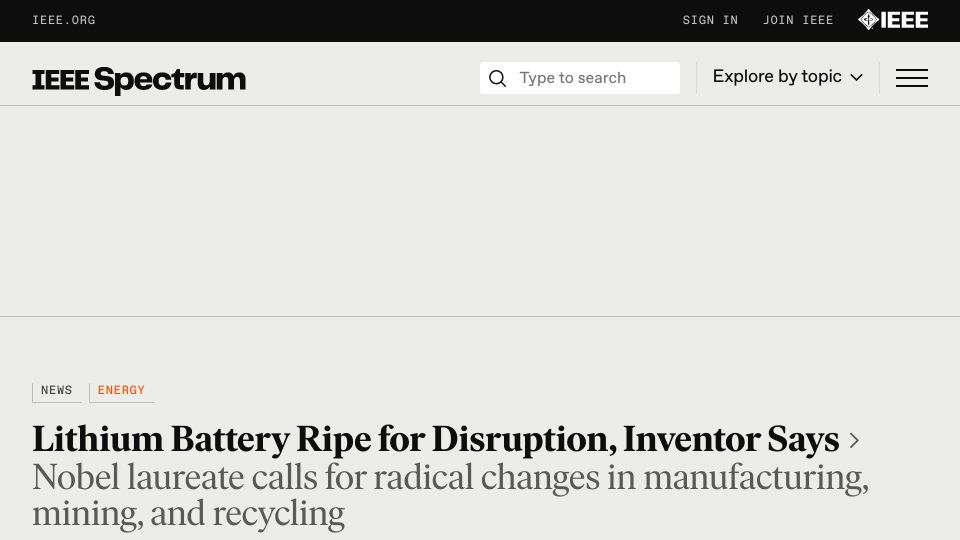 Screenshot of spectrum.ieee.org: Lithium battery ripe for disruption, inventor says
