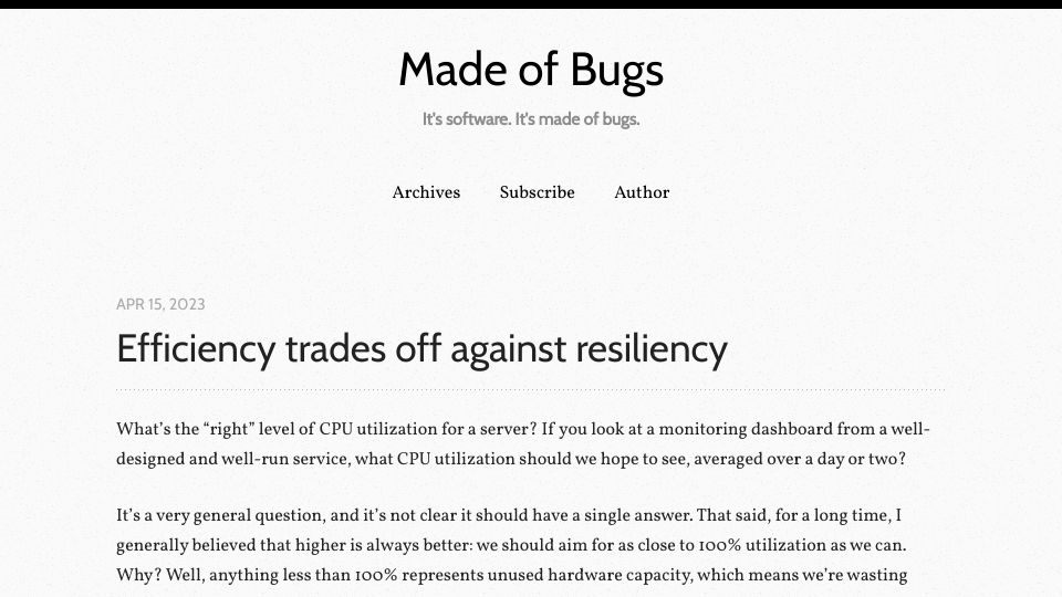 Screenshot of blog.nelhage.com: Efficiency trades off against resiliency