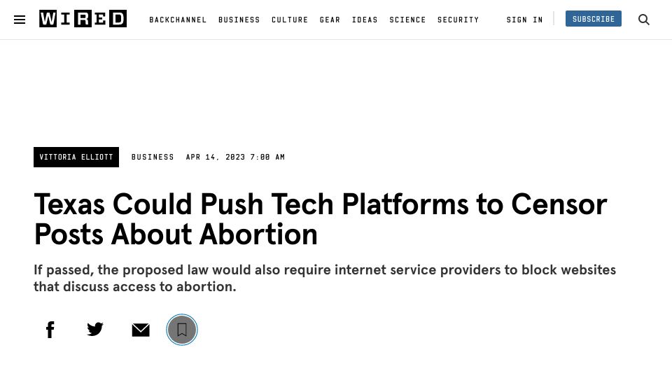 Screenshot of wired.com: Texas Could Push Tech Platforms to Censor Posts About Abortion