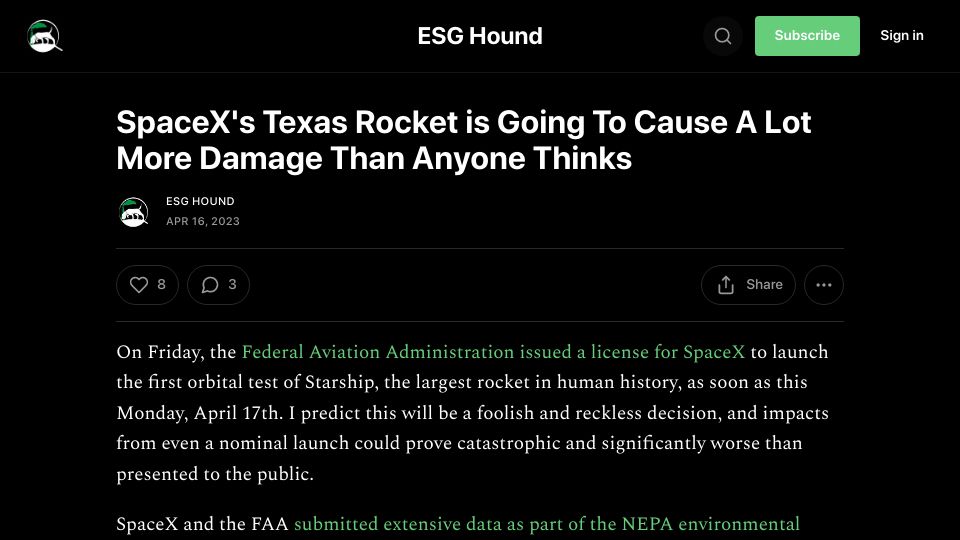 Screenshot of blog.esghound.com: SpaceX's Texas Rocket Is Going to Cause a Lot More Damage Than Anyone Thinks