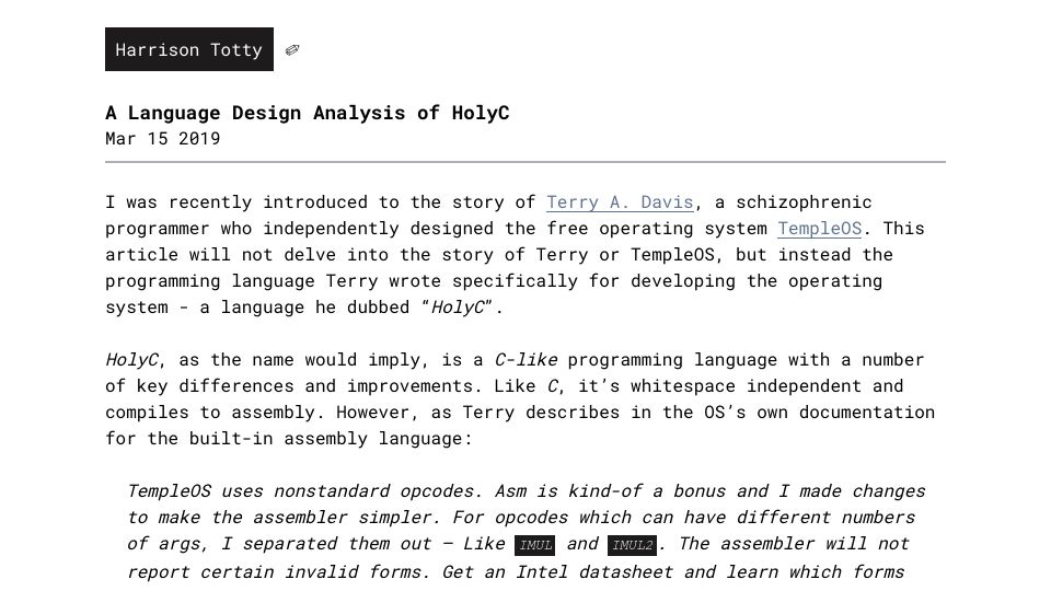 Screenshot of harrison.totty.dev: A Language Design Analysis of HolyC (2019)