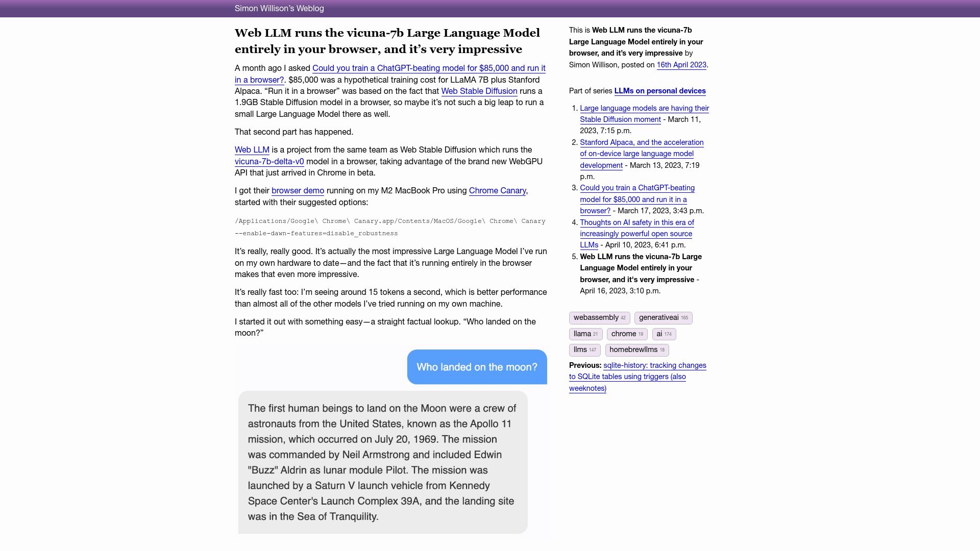 Screenshot of simonwillison.net: Web LLM runs the vicuna-7B LLM in the browser and it’s impressive