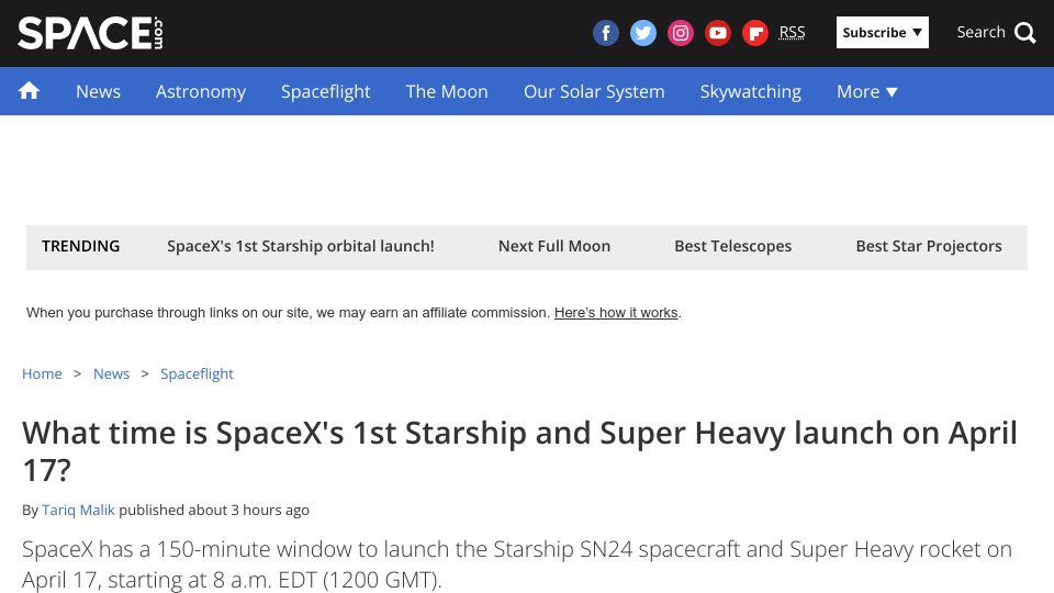 Screenshot of space.com: SpaceX's First Starship Launch Tomorrow