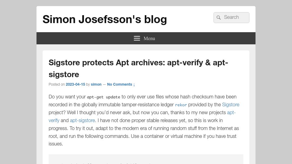 Screenshot of blog.josefsson.org: Sigstore protects Apt archives: apt-verify and apt-sigstore