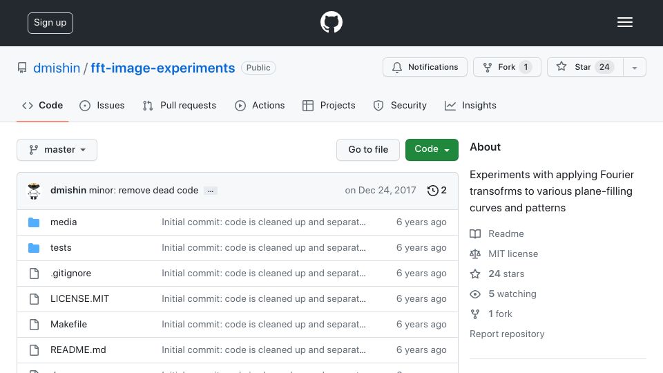 Screenshot of github.com: Experiments with plane-filling curves and Fourier transform