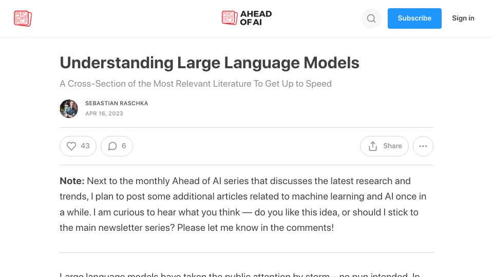 Screenshot of magazine.sebastianraschka.com: Understanding large language models: A cross-section of the relevant literature