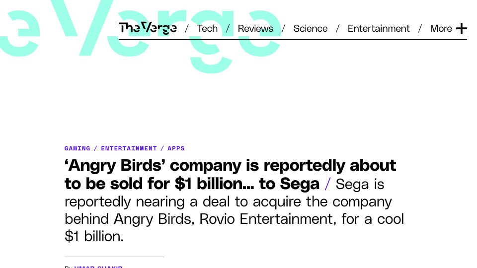 Screenshot of theverge.com: ‘Angry Birds’ company is about to be sold for $1B to Sega