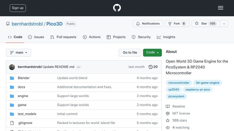 Screenshot of github.com: Pico3D: Open World 3D Game Engine for the PicoSystem (RP2040 Microcontroller)