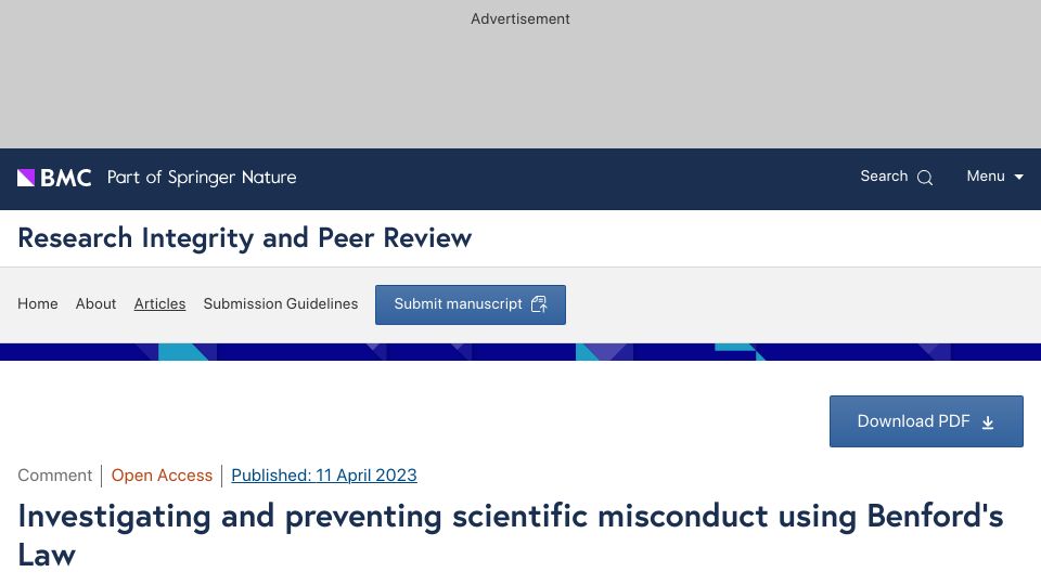 Screenshot of researchintegrityjournal.biomedcentral.com: Investigating and preventing scientific misconduct with Benford’s law