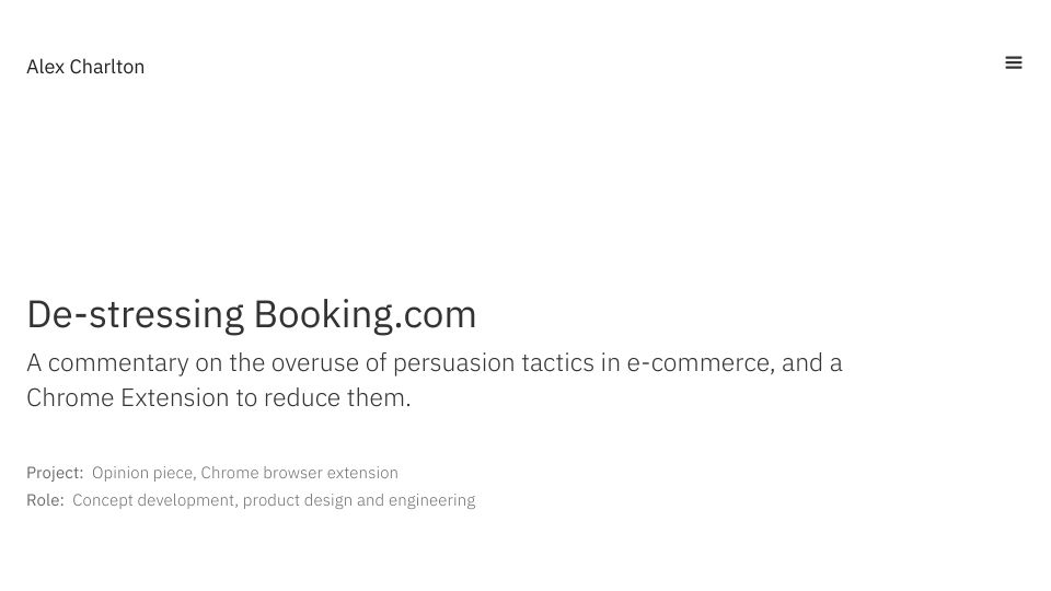 Screenshot of alexcharlton.co: De-Stressing Booking.com