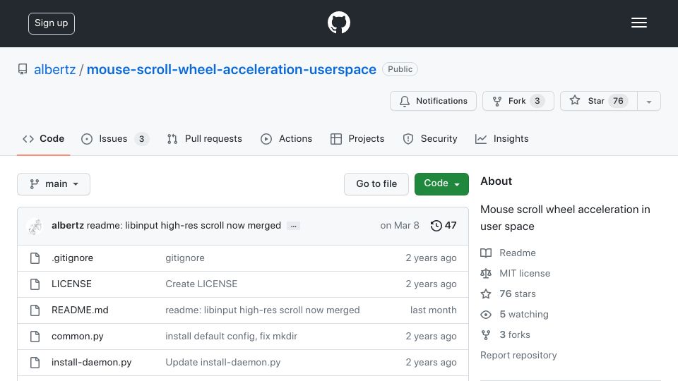 Screenshot of github.com: Mouse scroll wheel acceleration, implemented in user space