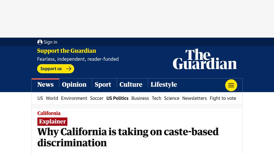 Screenshot of theguardian.com: Why California is taking on caste-based discrimination