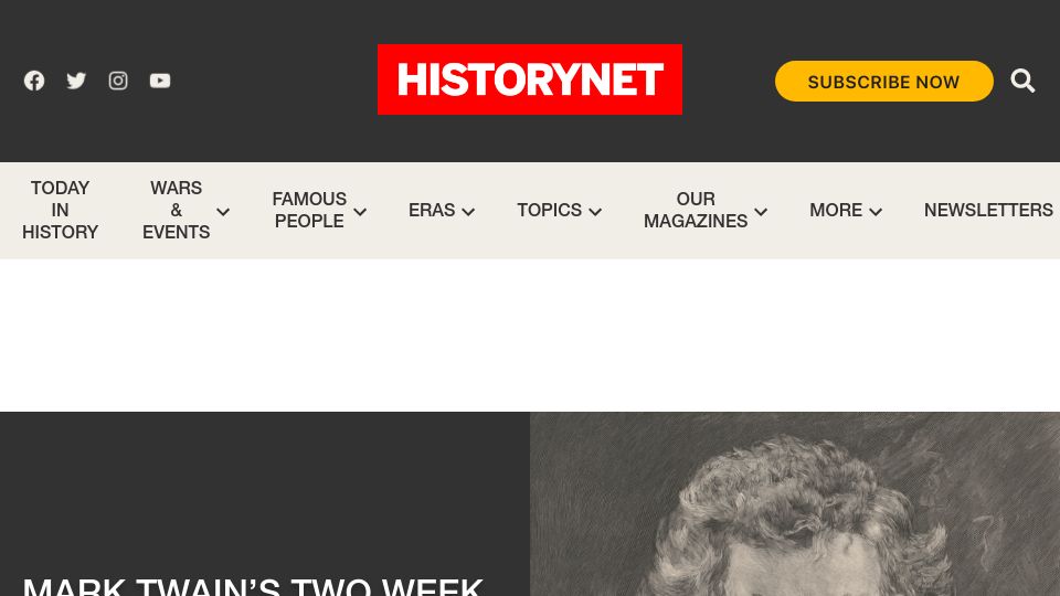 Screenshot of historynet.com: Mark Twain's two-week stint as a Confederate soldier