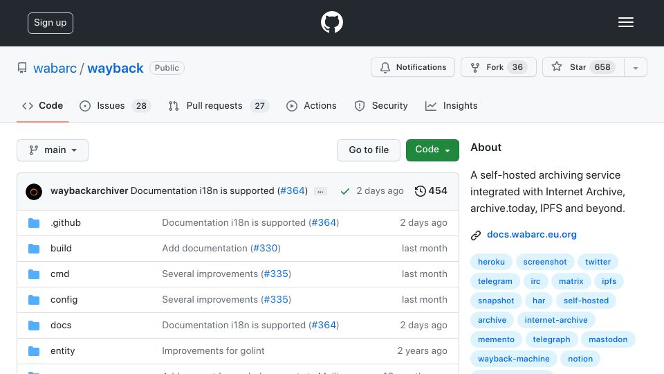 Screenshot of github.com: Wayback: Self-hosted archiving service integrated with Internet Archive